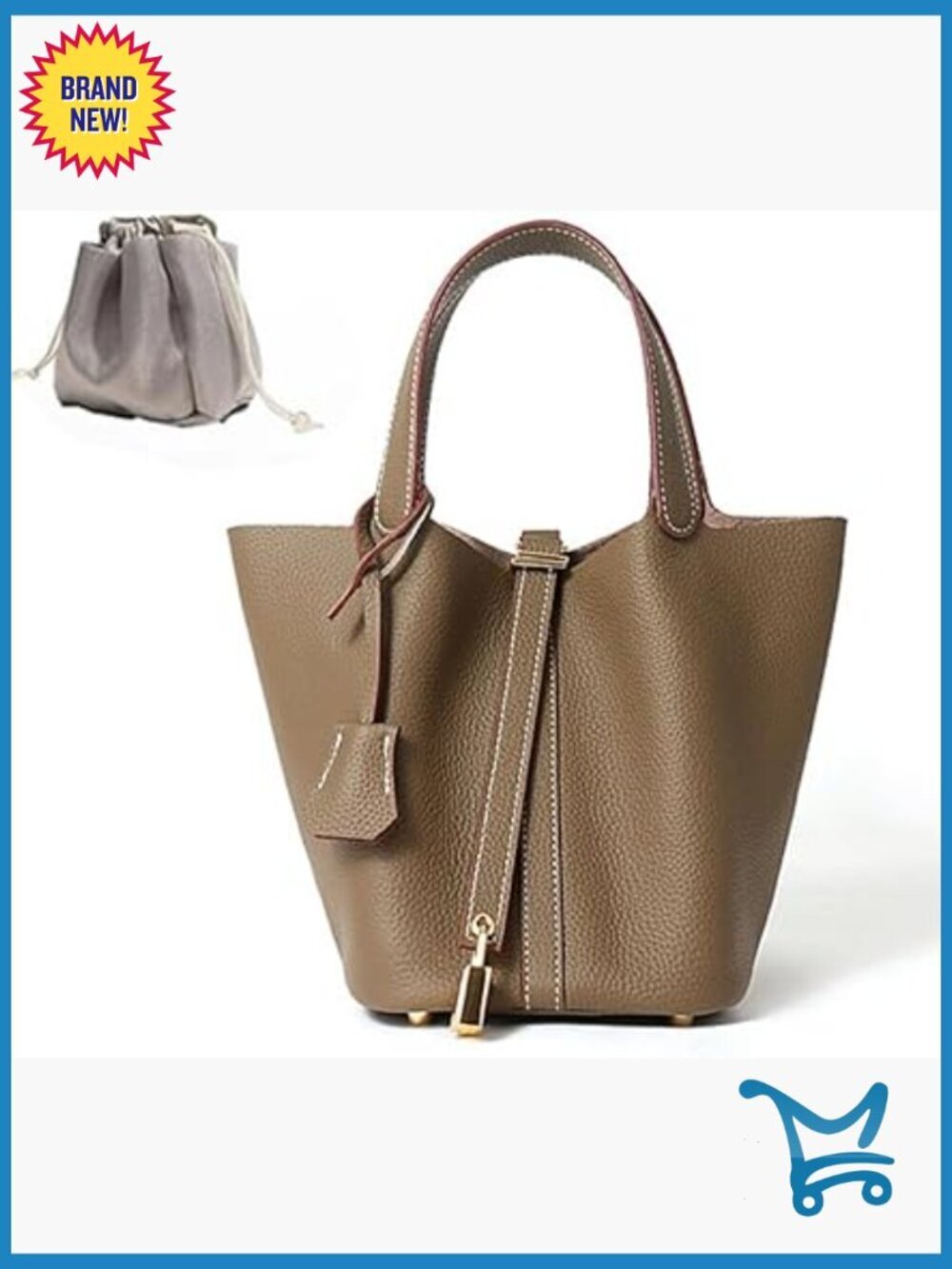 Genuine Leather Bucket Bag with Lock Design, Shoulder Satchel Handbag